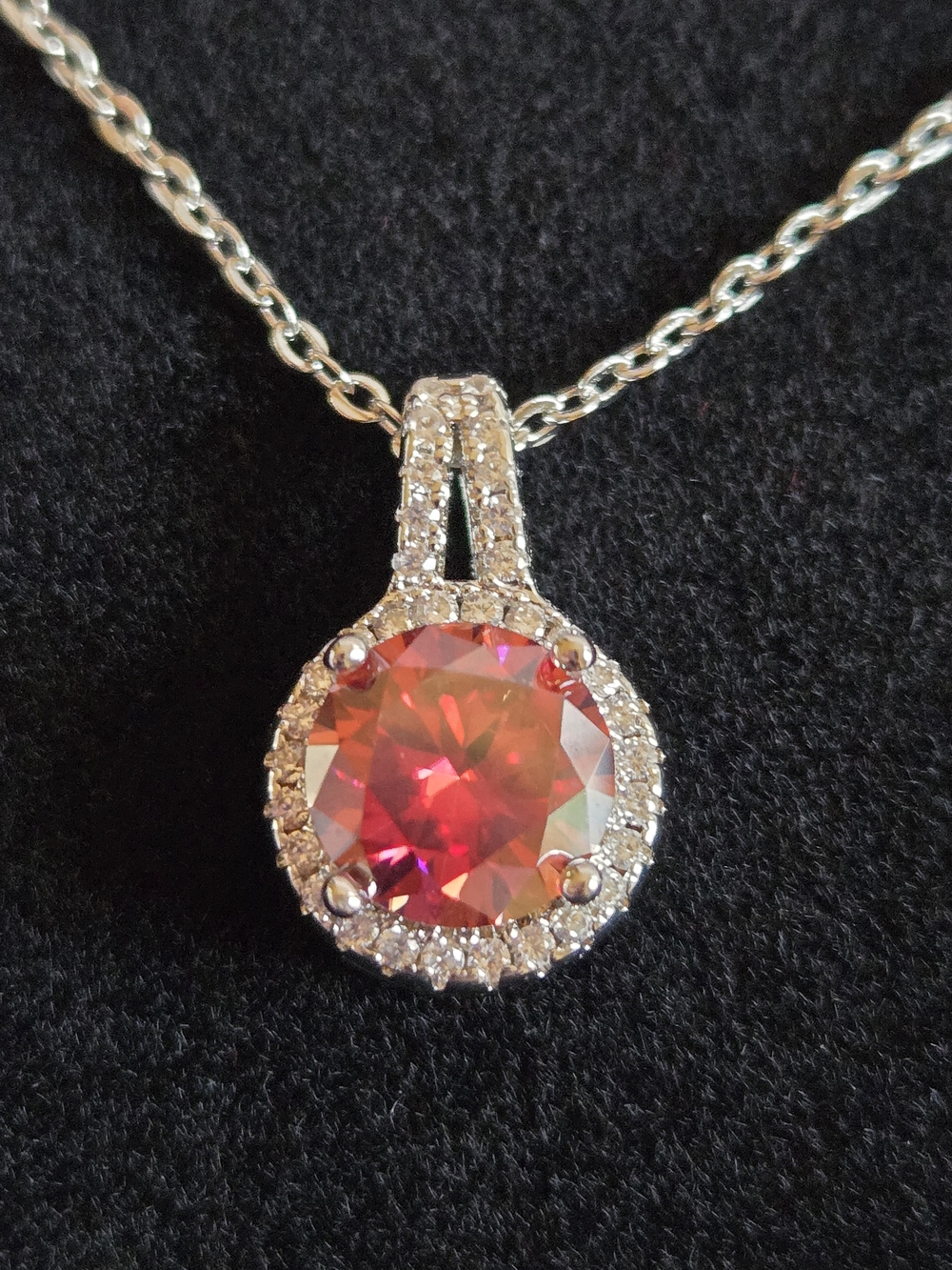 Moissanite 2 Carat Watermelon Red Halo Pendant Necklace in Silver Tone - Picture 5 of 11